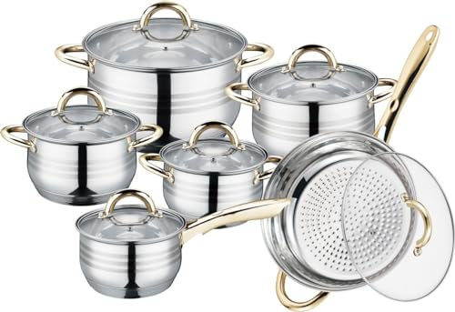 Royalty line Batterie de Cuisine en Acier Inoxydable à 5 Couches,18 pièces, Poêle à Frire, Casserole et Marmite avec Couvercle en Verre, Casseroles Adapté à la Tous Feux Dont Induction (Argent) (14)