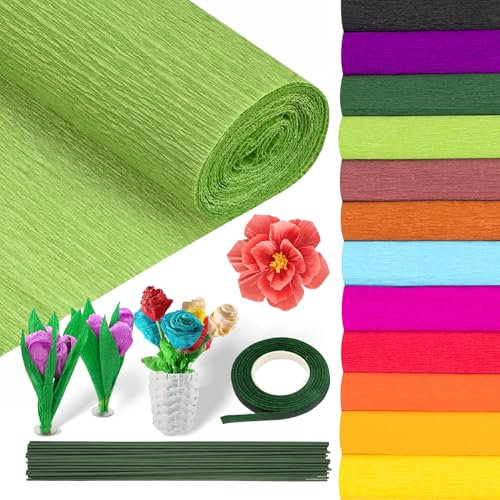 12 Farben Krepppapier Krepppapier Bunt 25x250cm 12 Rollen Kreppapier Crepe Papier Krepppapier Rollen mit Grünes Kabel Blumenband für Die Herstellung von Valentinstag-Blumen DIY Blumenpapier-Handwerk