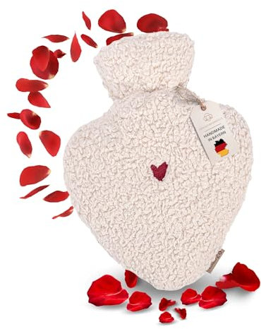 kontor28 - Bolsa de agua caliente con diseño de corazón de TEDDY con funda de 100% algodón orgánico extra suave | cosida a mano, fabricada en Alemania, con forma de corazón, 1,0 litros