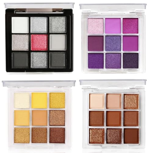 4 Pack Eyeshadow Palette Set - 9 Colours Eye Makeup Kit, Black, Purple, Lemon, Chocolate Eye Shadow Shades, Convenient Portable Travel Eyeshadow Palette (4 Pack/Set B)