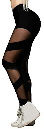 LinRim Damen Mesh Leggings Yoga Hose, Leggings im Bandage Look für Damen teiltransparent in Schwarz, Sexy Sport Leggings, Tech Mesh Yoga-Fitness-Hose, hohe Taille Bauchkontrolle 4-Wege-Stretch