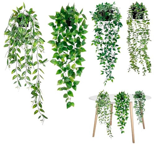 WEFHEF 4PCS Plantas Artificiales Colgantes, Plantas Decorativas Artificiales con Maceta, Hojas Artificiales Colgantes para Interiores, Enredaderas Artificiales Decorativas para Salón Balcón Jardín