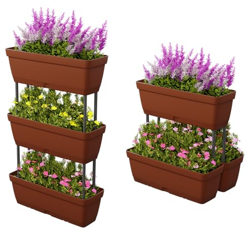 COSTWAY 6 stycken blomlådor, gör-det-själv-design, 49 cm långa, planteringslådor med dräneringssystem, vertikal uppbäddning, blomkruka för trädgård terrass balkong, blomkrukor av plast (brun)