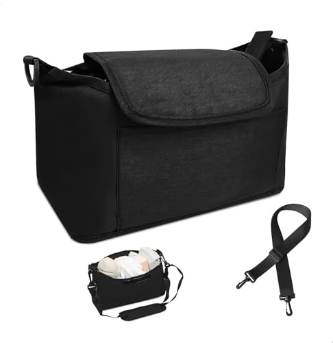Borsa per passeggino, Portatile Borsa Passeggino Universale Organizer per Passeggino con Tracolla e 2 Portabottiglie Multifunzione Accessori Passeggino per Pannolini Salviette Biberon, 1 Pezzi, Nero