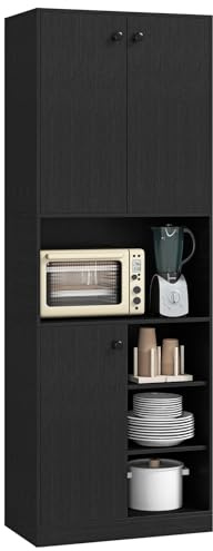 GOPLUS Armario Alto, Armario de Almacenamiento con 3 Puertas, 2 Gabinetes y 4 Estantes Abiertos, Armario de Cocina, para Sala de Estar, Cocina, 60×33×166cm (Negro)
