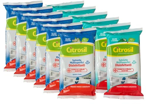 SET Da 12 Confezioni x 40 Panni Di Salviette DISINFETTANTI Multisuperfici, Sgrassa a Fondo. Con Vere Essenze Di TEA TREE e EUCALIPTO