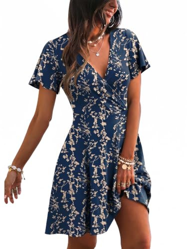 Cuptacc Robe Femme Chic et Elegant Courte Robes Portefeuille Col V A‑Line | Coupe A,Ajusté,Doux,Décontracté,Elegant,Facile À Associer,Court,Col Cache-Cœur