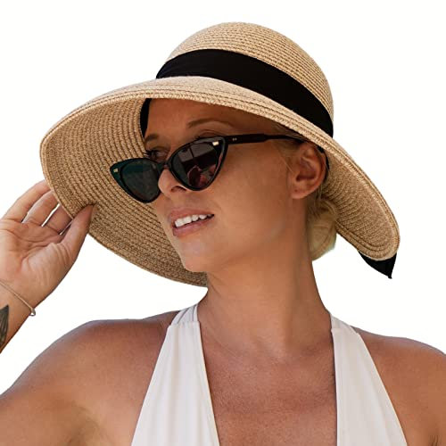 Comhats Faltbarer Strohhut Sonnenhut UPF 50 + mit Sonnen Shade Strand breite Krempe Damen Beige Fancet_89015_Beige, M