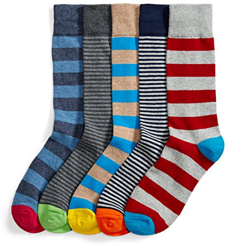Amazon Essentials Men's Comfortable Patterned Dress Crew Socks, 5 Pairs, Mini Stripe/Stripe, 8-12