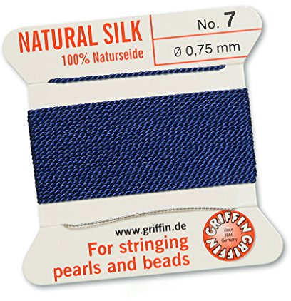 Griffin 100% seta naturale cordino/corda/filo per perle infilatura o Beads – Dark Blue – 2 metres con un ago – disponibili in 13 misure, Blue, 0.75mm