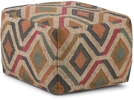 SIMPLIHOME Johanna Square Pouf - 20 inch Wide Upholstered Cotton and Jute Kilim Ottoman in Multi-Color, Boho Footstool or Extra Seating for Living Room with Polystyrene Bead Filling, Assembled