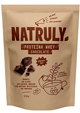 Proteína Whey Chocolate NATRULY 70% Proteína de Suero de Leche de Vacas de Pastoreo Sin Azúcar, 100% Natural, Sin Gluten –350g