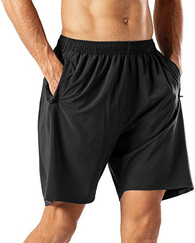 HMIYA Men's Casual Sports Quick Dry Workout Running or Gym Training Short with Zipper Pockets(Black,M)