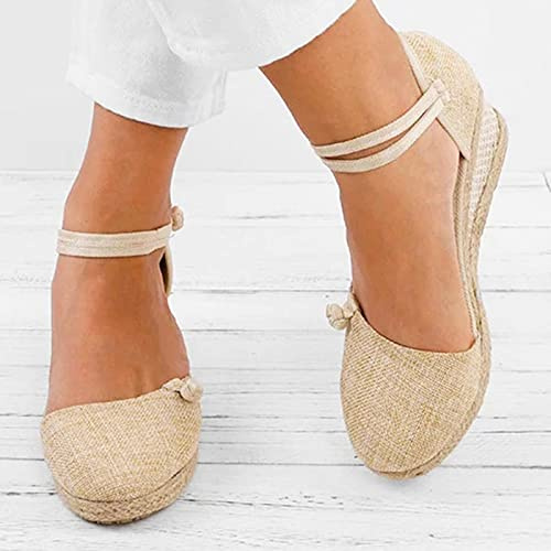 ZYONG Femmes Dames Paille Chanvre Corde Sandales rétro Toile de Lin compensée Bout Rond Sandales décontractées célibataires Chaussures élégant Bout fermé Sandale