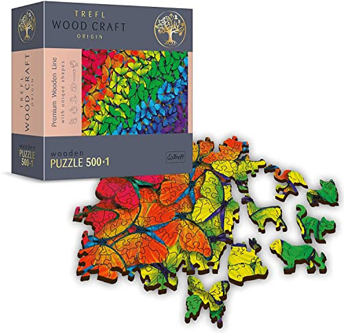 Trefl - Puzzle in legno, farfalle arcobaleno - 500 + 1 pezzi, artigianato ligneo, forme irregolari, 50 figure di animali, moderno puzzle premium, fai da te, colori, insetti