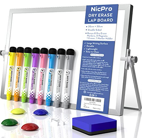 Nicpro Dry Erase Mini Whiteboard A4, 20 x 30 cm Double Sided Small Magnetic Desktop White Board with Stand, 8 Pens, 1 Eraser,4 Magnet, Portable Board Easel for Kids Students School Supplies Office