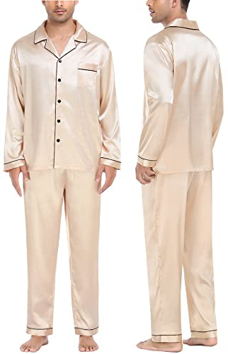 SWOMOG Mens Satin Pyjama Set Button-Down Pyjamas Silk Long Sleeve Sleepwear 2 Piece Pjs for Men Champagne