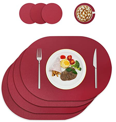Tischsets und Untersetzer aus Leder, Platzdeckchen abwaschbar,Platzsets abwaschbar,Tischdeko,Tischset rund,Platz-Matten für Küche Speisetisch,4er-Set (Oval, Weinrot)