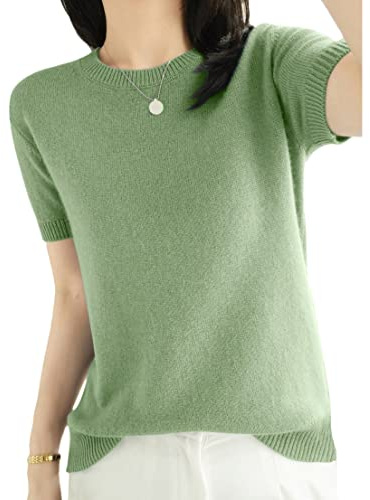 ORANDESIGNE Pull en Faux Cachemire Femme Pull en Tricot Elégant Pullover Couleur Unie Léger Casual Manches Courtes Col Rond Pull Tricoté Hauts en Maille Chandail Printemps Été A Vert Clair M