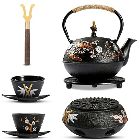 Dyna-Living Tekanna i gjutjärn med värmare 720 ml/24 oz japansk tekanna med infusion gjutjärn tekanna set med 2 tekoppar japansk stil tekanna för spishäll gjutjärn tekanna för hemmabruk