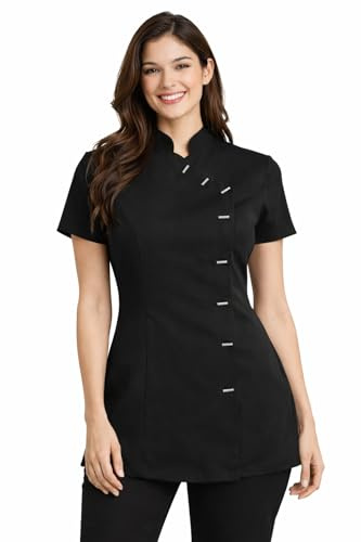 IBEX Black Beauty Tunic for Women – Spa & Salon Uniform, Beautician & Nail Technician Workwear, Massage Therapist Top, Asymmetric Button, Mandarin Collar, Black, 12