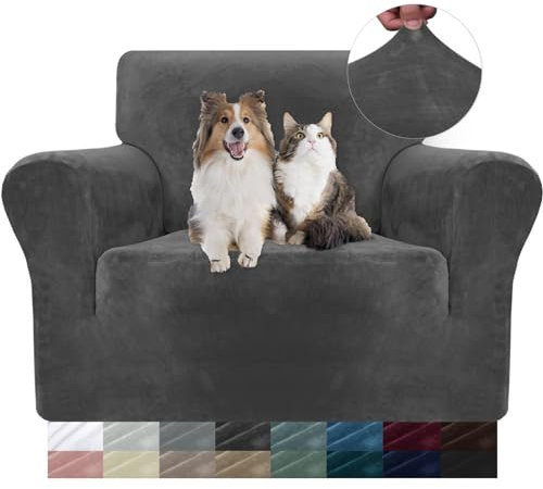 YSTELLAA Samt Stretch Sofabezug 1 Sitzer, Sofaschoner rutschfest Sofa Überzug, Sofa Cover Mit Armlehnen, Elastischer Couch Überzug, Sesselschoner Sofaschutz Katze, Grau