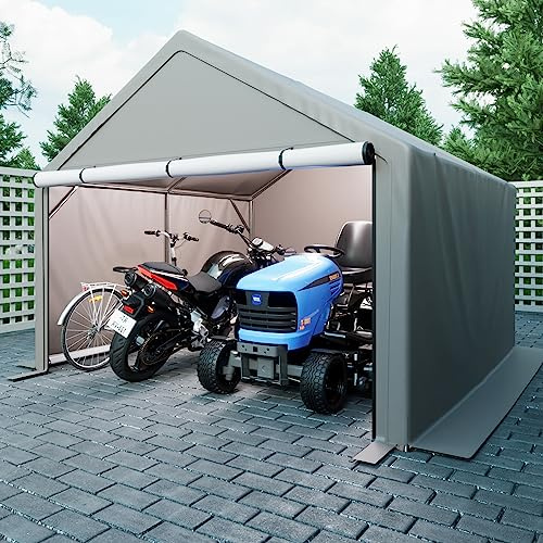 10x10 ft Portable Outdoor Storage Shelter Shed, Heavy Duty Storage Garage Shed with Roll-up Doors Shelter for Garden Tool, Lawn Mower, Motorcycleand, Bike - Gray