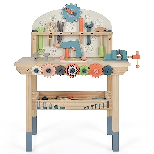 COSTWAY Banco da Lavoro per Bambini, Banco degli Attrezzi per Bambini in Legno con Attrezzi e Accessori Realistici e Ripiano, Tavolo da Lavoro Interattivo per Bambini 3 Anni+, Colorato
