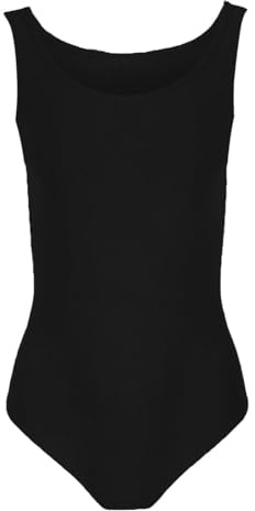 Hamishkane Gymnastik trikåer för flickor, vanlig ärmlös rund hals mikrofiber dans balett trikå, mjuk stretchig smal barnbodysuit för åldrarna 3-13, Svart, 9-10 Years