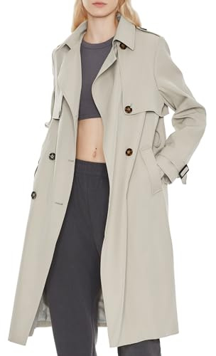 OROLAY Trench Lungo da Donna Cappotto Classico Doppiopetto con Risvolto con Cintura Grigio M