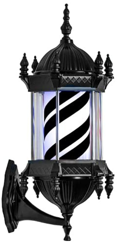 SAeWare LED Barber Pole, 58Cm Illuminated Rotating Hair Salon Sign Light Outdoor Waterproof Vintage Wall Mounted Lamp, Black Lampshade,Red Blue White Stripes (Black White Double Stripes)