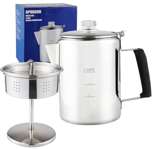 APOXCON Percolateur à café multi-usage avec bouton en verre borosilicate résistant à la chaleur et poignée en silice anti-laminage cafetière en acier inoxydable à utiliser sur n'importe quelle