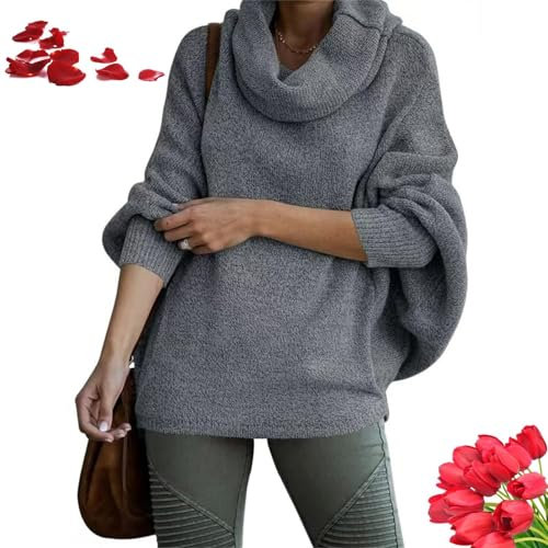 Pull à col bénitier pour femme avec poches, col roulé chauve-souris, manches longues, pull en tricot torsadé, coupe ample, manches lanternes, pull à col roulé, pour l'automne et l'hiver (gris foncé)