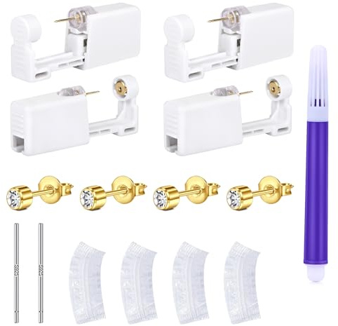 LAURITAMI 4 Pièces Kit Piercing Oreille Or, Pistolet Piercing Oreille avec 4mm Clous D'oreilles CZ, Outil D'Auto-PerçAge Indolore pour Filles Femmes Hommes