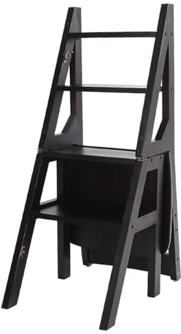 4 Step Wooden Folding Ladder Chair Multifunctional Stool for Indoor Kitchen and Office Library Bookshelf Shelf with Step Ladder Stairway