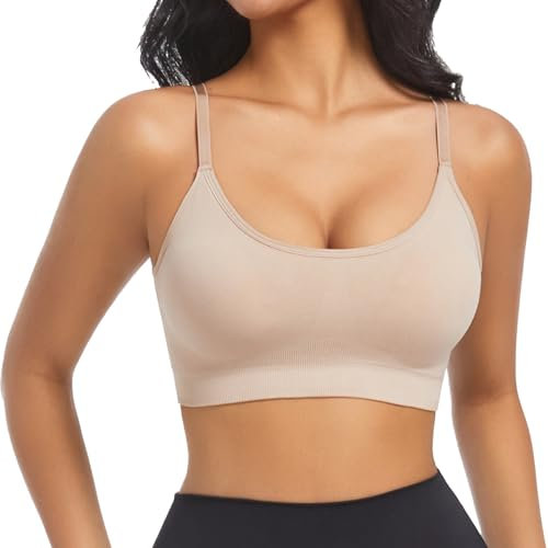 ONEW Sport Bra Women Wirefree Padded Bralette Seamless Yoga Bras Cami Vest Crop Top with Washable Removable Pads Beige M