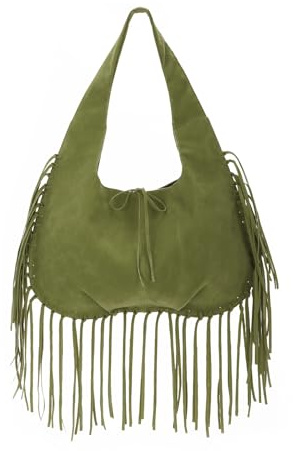 OPLERT Borse a tracolla con frange vintage per donne Western Hobo Borse a mano Vegan Faux Suede Leather Tassel Purse