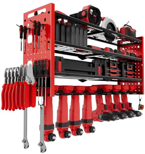 Jellybibo Power Tool Organizer Storage Rack, 330Lbs 4 Layers Storage Rack with 8 Drill Holders for Drills Cordless Tools, Heavy Duty Iron Garage Tool Organizer for Workshop Shed Pegboard Basement