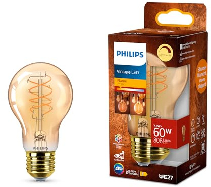 Philips Vintage Amber Spiral A60 Glödlampa, dimbar, flimmerfri, EyeComfort, 806 Lumen, Flame (2200 K), 7,3 W=60 W, E27-sockel, 1-pack