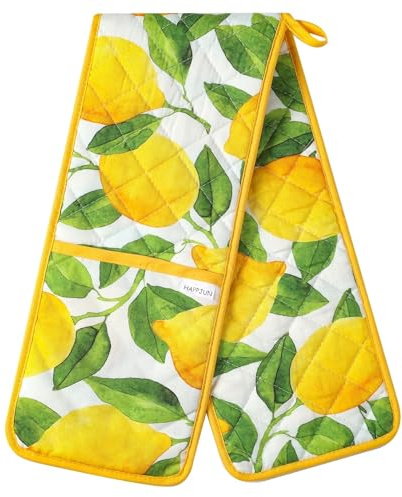 Double Oven Gloves Heat Resistant Yellow Ovens Mitt Cotton Potholders Gloves for Home Cooking Kitchen BBQ - Retro Lemon