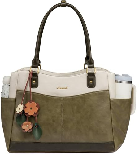 LOVEVOOK Laptopväska, dam, arbetsväska, shoppingväska, handväska, stor | 15,6/17,3 tum elegant lärarväska väska PU läder skolväska, laptopväskor med blommor hänge för företag universitet skola