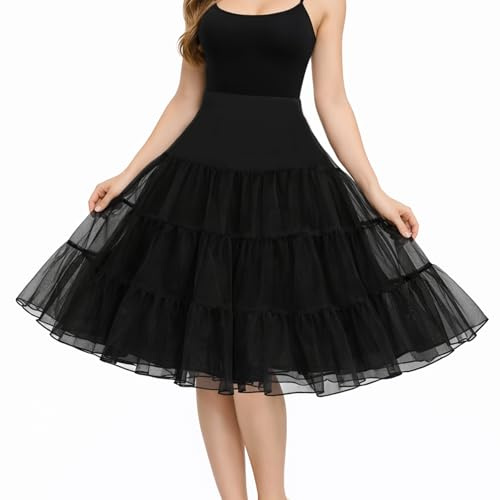 MUNSKT 50s Retro Petticoat Underskirt, Vintage A-Line Crinoline, Classic Elastic Rockabilly Tutu Skirt for Prom Evening Wedding Dress Ladies Half Slip Dress-up Cosplay Halloween Costume, Nero , Taglia