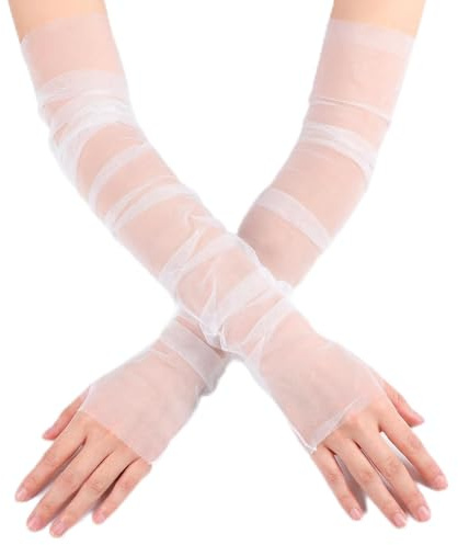 Gemoioio White Tulle Fingerless Bridal Gloves – Elbow Length | Soft sheer mesh,Ideal for weddings, proms, balls & vintage costumes. Fingerless design lets you wear rings & use phone easily