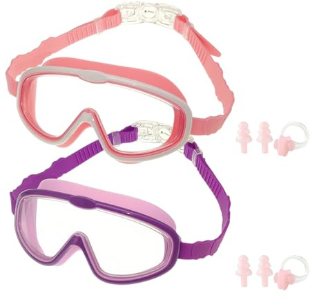 HTTDSLF Occhialini Nuoto Bambini con Anti-Appannamento, Vista Ampia, Regolazione a Pulsante, Occhialini Piscina Unisex per 3-15 Anni, con Clip Nasale + Tappo Auricolare
