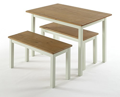 Zinus Becky Tavolo da Pranzo con 2 panche - Tavolo 114x74x71 cm - Set di tavoli da Pranzo in Legno con panche - Set da Cucina in Stile Rustico 3 Pezzi - Bianco e Marrone