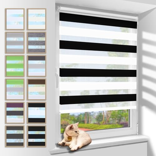 Zarnan Doppelrollo Klemmfix ohne Bohren Schwarz-weiß 70x120cm(Stoffbreite 66cm) Duo Rollo Blickdicht Zebrarollo Rollos für Fenster ohne Bohren für Wohnzimmer Küche Büro lichtdurchlässig