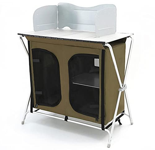 Outdoor Küche Camping Schränke Tragbarer Camping-Küchentisch im Freien, Leichte klappbare Aluminium-Kochstation mit Windschutz, Schrankaufbewahrung für Grillpicknicks