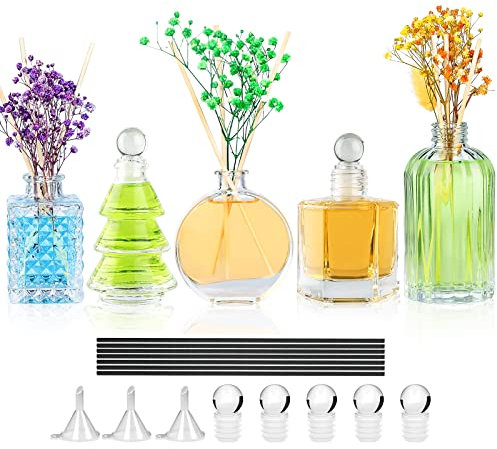 Diffuser Glass Bottles Empty Set of 5 DIY Clear Decorative Bottles Fragrance Vase Reed Diffusers Container with Sticks for Home Office Wedding Valentine Decor Car Replacement Girl Women