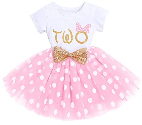 Bambina 1 ° 2 ° Compleanno Principessa Festa Di Compleanno Vestito Manica Corta o-Collo Lettera Stampata Gonna In Tulle Principessa Compleanno Fotografia Vestito Paillettes Foto Minnie rosa two 2 anni