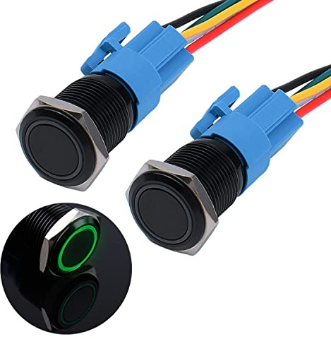 JIQI 2 × 16 mm lås tryckbrytare 12 V till 24 V 3 A vattentät självhållande svart tryckknapp av metall LED belyser förkopplad på/av-spärrknapp strömbrytare med IP66 1NO 1NC (grön)